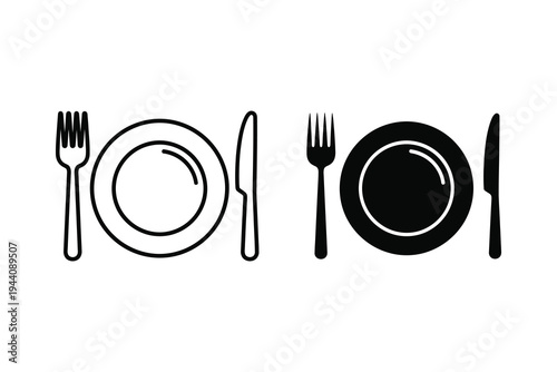 Dining Plate with Fork and Knife Icons - Restaurant and Food Service Vector Set