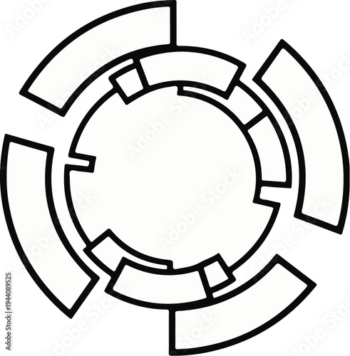 Abstract circular geometric design with segmented arcs and inner rings