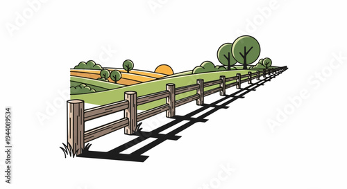 A wooden fence lines a rural landscape with rolling hills and trees under a setting sun
