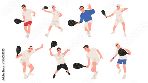  illustration set featuring male padel tennis players performing different action. Perfect for sports training materials, padel club promotions, athletic branding, coaching guides, sports design