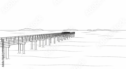 A wooden pier stretches over gentle waves towards distant islands under a clear sky
