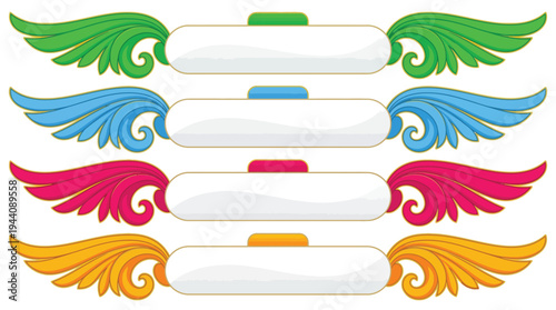 Set of 4 Colorful Vector Banners with Decorative Wings, Blank White Text Boxes for Web Design, UI, and Graphic Elements