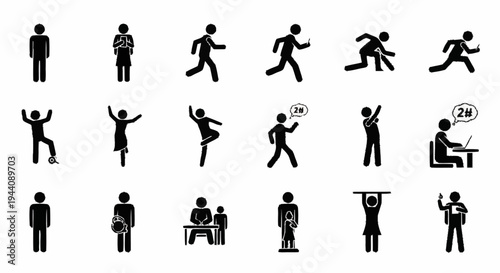 Collection of diverse human pictogram icons representing various activities and poses.
