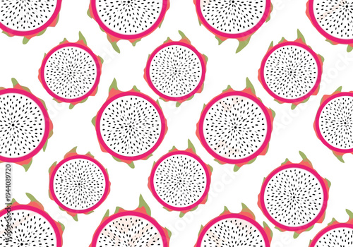 Seamless Dragon Fruit Pattern with Pink and White Tropical Exotic Fruit Slices on White Background