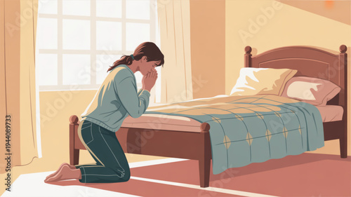 Woman kneeling beside bed with head in hands in a serene bedroom with natural light