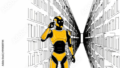 A yellow and black robot stands amidst tall bookshelves, on a phone