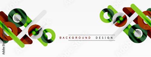 Abstract geometric shapes, lines, circles. Modern design elements create dynamic composition. White background enhances visual impact.