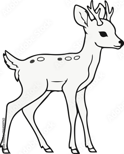 A young deer with small antlers and spots stands patiently on four legs