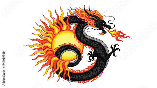 Mythical dragon with fiery wings and intense expression in vibrant colors Vector