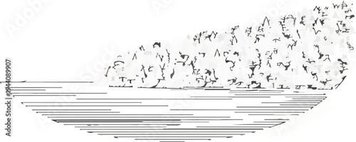 Abstract depiction of a body of water with a textured landmass or trees