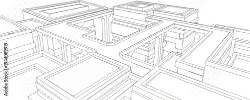 Abstract aerial view of a structured maze-like urban environment