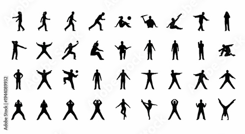 Collection of diverse human silhouette poses and actions.