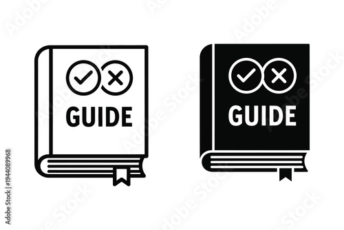 Book icon with guide text and check/cross marks: outline and solid styles for knowledge and instructions