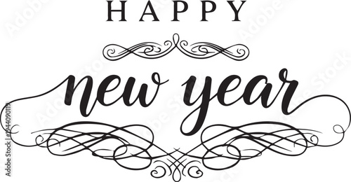 Happy New Year Wishes in Black and White Decorative Calligraphy isolated on transparent background, Vector, illustration