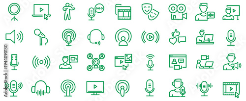 Podcast web icons in line style. Microphone, radio, webcast, audio, video, news, collection. Vector illustration.