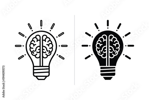 Lightbulb with brain icon representing idea and innovation, outline and solid