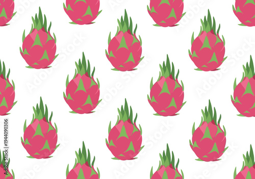 Seamless Dragon Fruit Pattern Background, Tropical Exotic Fruit Illustration for Textile and Packaging Design