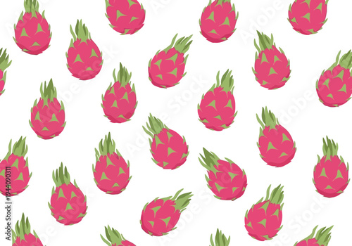 Seamless Dragon Fruit Pattern Background with Pink Tropical Exotic Fruits and Green Leaves Vector Illustration