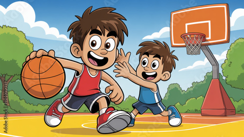 Two happy boys playing basketball on outdoor court with hoop and trees