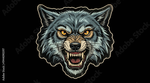 Aggressive Gray Wolf Head Vector Illustration with Bared Fangs and Intense Yellow Eyes on Black Background, Ideal for Mascot, Logo, or T-Shirt Design