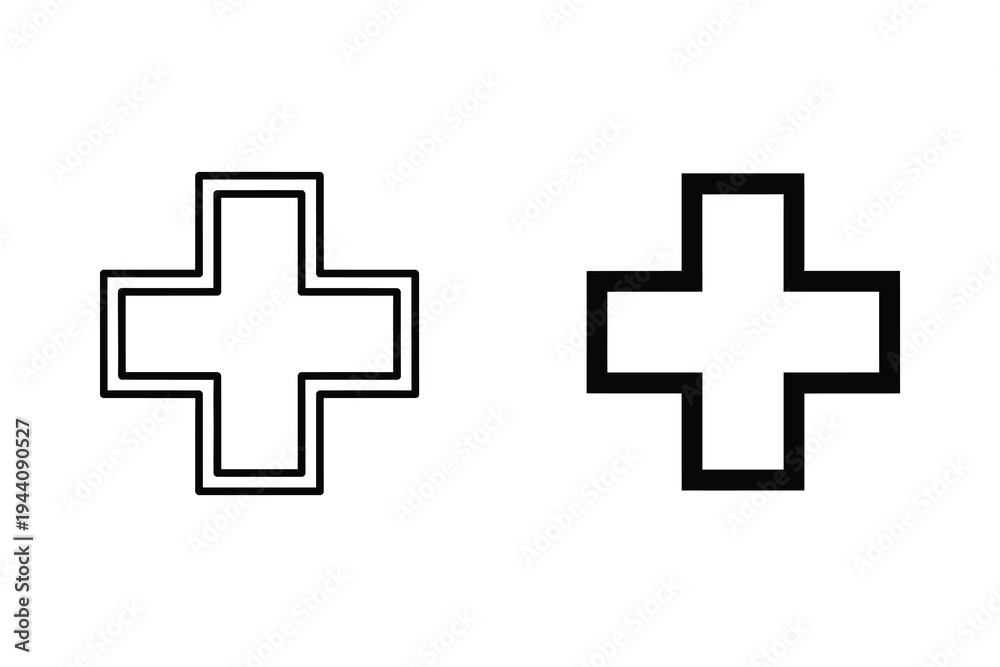 Obraz premium Medical Cross Icons: Plus Sign Symbols in Outline and Filled Styles