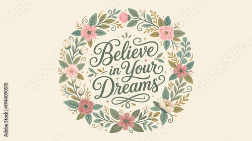 Elegant Hand-Lettered "Believe in Your Dreams" Calligraphy with Floral Wreath Vector Illustration on Light Beige Background