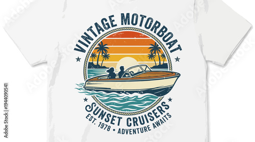 Vintage Motorboat Sunset Cruisers T-Shirt Design Vector Illustration with Palm Trees and Ocean Waves, Perfect for Apparel and Merchandise