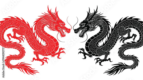 Two mythical dragons facing each other in contrasting black and white silhouette art Vector
