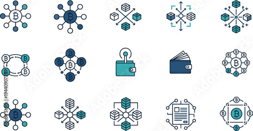 Blockchain Technology and Cryptocurrency Icons Vector Set Featuring Bitcoin Network, Digital Wallet, Crypto Mining, Distributed Ledger and Fintech Symbols.