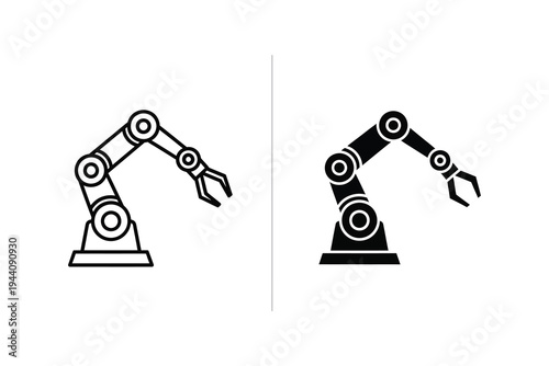 Robotic arm icon, signifying automation, industry, and technology. Includes line art and solid fill versions.