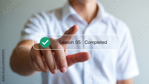 Student touching virtual lesson completed button for online education course progress