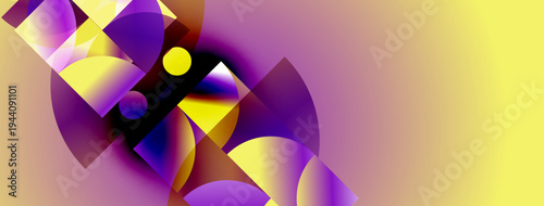 Abstract composition features vibrant purple, yellow shapes. Gradient background transitions from gold to pale hues. Modern design elements present.
