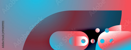 Abstract shapes blend vibrant blues, reds, pinks. Overlapping forms create depth, modern aesthetic. Minimalist design, smooth gradients present.