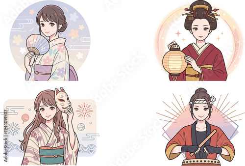 Set of Japanese Women in Traditional Kimonos with Cultural Accessories, including Fans, Lanterns, and Masks for Fashion, Cultural, and Illustration Designs