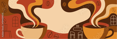 Two steaming coffee cups with beans and café scene in warm abstract banner with copy space