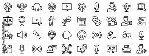 Podcast web icons in line style. Microphone, radio, webcast, audio, video, news, collection. Vector illustration.