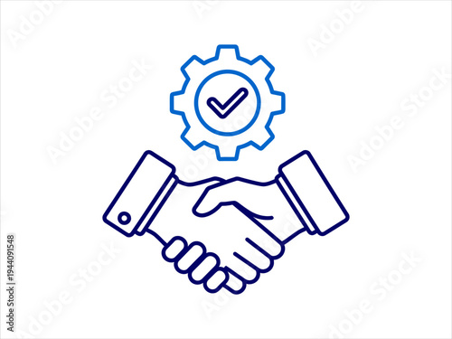 Handshake with gears and checkmark icon symbolizing business success and partnership agreement