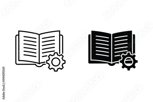 Open book and gear icon, knowledge, learning, technical documentation, process.
