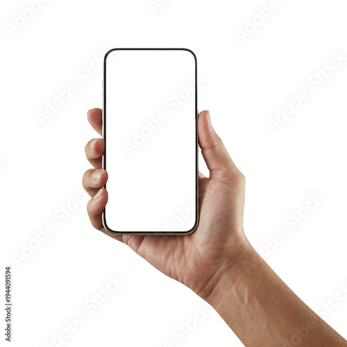 Obraz na plátně Hand holding a blank smartphone screen isolated on transparent background