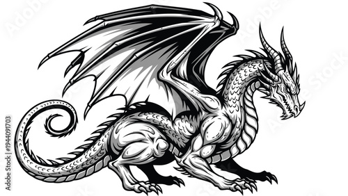 Mythical dragon with intricate wing patterns and majestic stance Vector