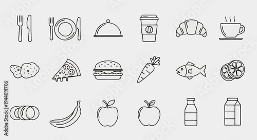 Collection of Food and Drink Icons Line Art Style.