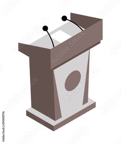 Isometric podium with microphones for holding a press conference. 3D vector isolated on white background