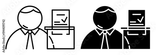 Linear icon. Citizen makes a choice and votes by dropping a ballot into a ballot box. Simple black and white vector symbol isolated on white background