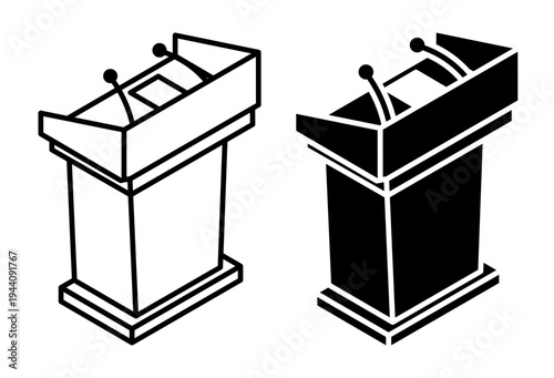 Linear isometric icon. Tribune with microphones for holding a press conference. Simple vector isolated on white background