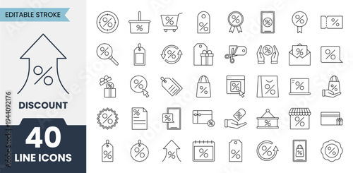 Discount line icons set with editable stroke. Vector illustration