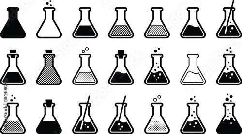 Collection of various stylized laboratory flasks containing liquids and bubbles isolated on a white background
