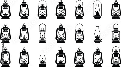 Collection of various vintage and modern oil lantern icons representing illumination and antique lighting solutions