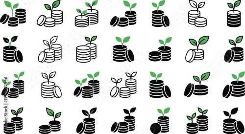 Multiple financial investment growth concepts represented by growing plants emerging from stacks of coins and isolated on transparent background