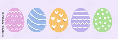 Pastel Easter eggs with decorative patterns. This set of Easter egg graphic images conveys a cartoon style, ideal for greeting cards, greetings, and mood. Vector. PNG background.