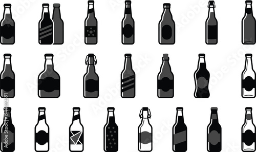 A collection of diverse beer bottle icons with various designs and closures presented on a white background